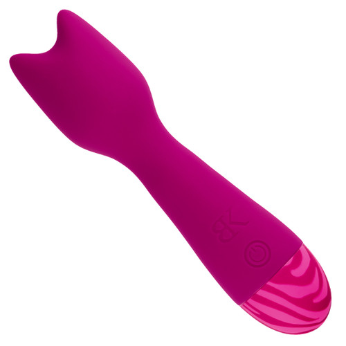 Streamlined mini-wand vibrator SEX KITTEN with cat-shaped head and tiger-print handle in a pink-plum color on white background